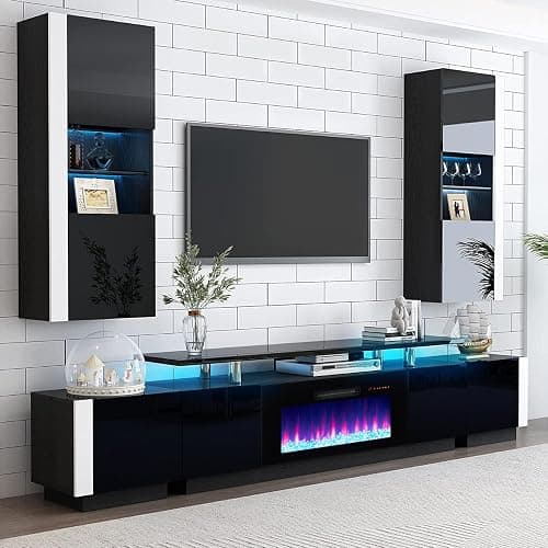 AMERLIFE Fireplace TV Stand with 36" Fireplace, 70" Modern Fireplace Entertainment Center LED Lights, 2 Tier TV Console Cabinet for TVs Up to 80", Obsidian Black thumbnail 5
