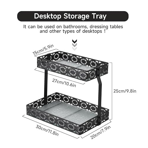 xiaojuande-Two Layer Glass Storage Tray with Portable Dressing Table Skin Care Product Organization Rack Corner Storage Rack for Bathroom Counter High-end Light - (Black) thumbnail 3