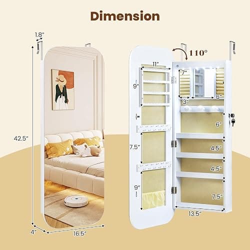 GOFLAME Rounded Mirror Jewelry Cabinet, Wall Mounted Over the Door Jewelry Armoire Organizer, 16.5" x 42.5" Wide Full Length Mirror with Storage, Built-in LED Makeup Mirror, Modern, Lockable, White thumbnail 3