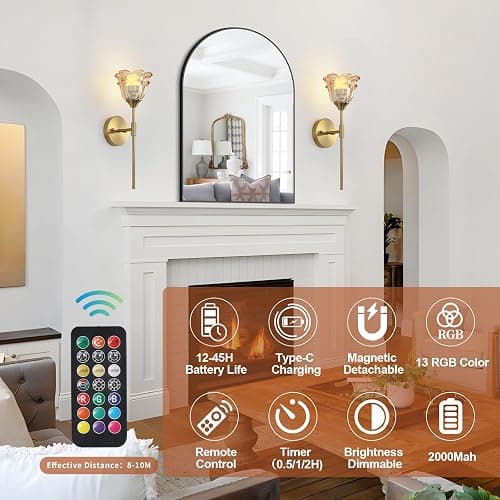 XIYOUVE 2 Pack Battery Operated Wall Sconce with Amber Glass Shades, Wireless Rechargeable RGB Wall Light with Remote Control, for Bedroom Mirror Living Room, ETL Listed thumbnail 3