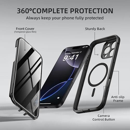 BERFY for iPhone 16 Pro Case, Compatible with MagSafe, Built-in Privacy Screen Protector and Camera Protection, Anti-Spy Full Body Shockproof Clear Phone Case for 16 Pro 6.3", Black thumbnail 9