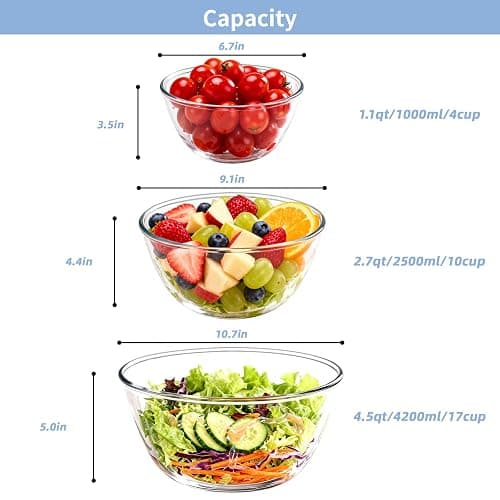 WhiteRhino Glass Mixing Bowls Glass Bowls with Lids Set(4.5QT,2.7QT, 1.1QT),Large Salad Bowls,glass mixing bowl Space-Saving Nesting Storage bowls for Cooking,Baking,Prepping,Dishwasher Safe thumbnail 3