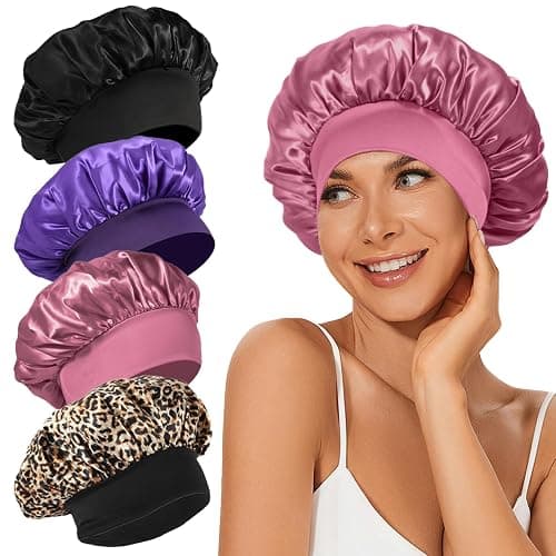 4Pcs Satin Bonnet Silk Bonnet, Hair Bonnet for Sleeping, Elastic Wide Band Sleep Cap, Soft and Breathable Silk Hair Wrap for Sleeping (Black Purple Rose Leopard) - Image 1