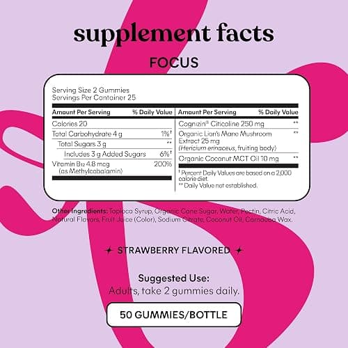 Lemme Focus Concentration & Brain Health Gummies with Cognizin Citicoline, Lion's Mane Mushroom, Vitamin B12 to Support Focus + Concentration - Gluten Free, Caffeine Free, Strawberry (50 Count) thumbnail 5