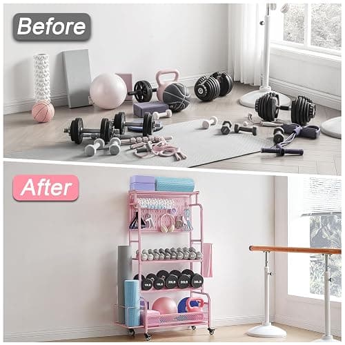 56'' Taller Home Gym Storage Organizer, Yoga Mat Storage Rack with Hanging Board, Exercise Workout Equipment Storage Stand for Home Gym, Dumbbell Holder Kettlebell Rack with Wheels and Hooks thumbnail 8