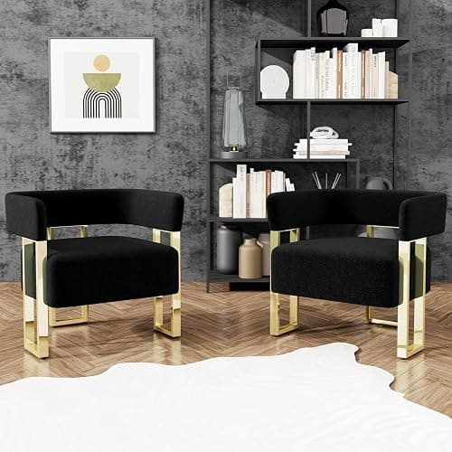 STHOUYN Modern Black and Gold Accent Chair Set of 2, Boucle Bucket Chairs Set of 2, Arm Chairs for Living Room Bedroom (2, Black) - 2 - Black - Image 1