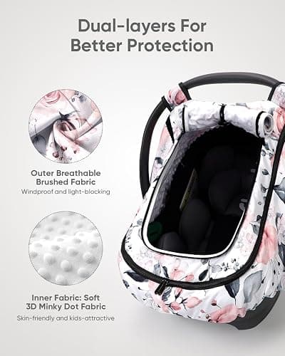 Sweetwavet Car Seat Cover Baby Girls, Infant Car Seat Canopy Outdoor, 2 Layers with Mesh and Sun Shade Window for Summer Winter, Easy Access Carseat Covers Snug Fit Baby Stroller - Pink Floral thumbnail 3