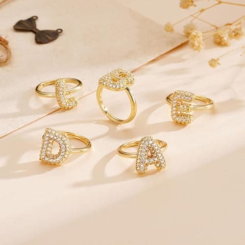 Mujahid Bubble Initial Ring Easter Basket Stuffers for Women, Fade-Proof 14k Gold Stackable Letter A-Z Rings Open Adjustable CZ Personalized Fashion Trendy Statement Jewelry thumbnail 7