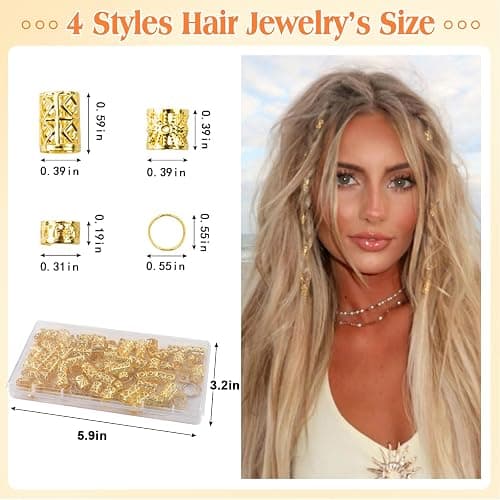 100 Pcs Gold Hair Jewelry for Braids, Gold Hair Cuffs | 4 Styles Dreadlock Accessories, Adjustable Metal Hair Clips, Hair Rings Braiding Decorations for Women Men thumbnail 2