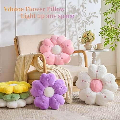 Flower Throw Pillow, Cute Daisy Cherry Blossom Flower Shaped Throw Pillow 15.7In White Floor Cushion for Home Bedroom Sofa Chair Couch Decor thumbnail 2