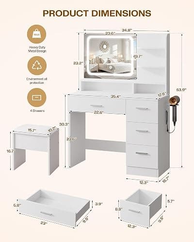 LIVELYGLOW Makeup Vanity Desk with Smart LED Mirror & Charging Station, 35.4" White Vanity Table Set with Cushioned Stool, 4 Drawers & Hairdryer Rack, Modern Bedroom Dressing Table-White thumbnail 2