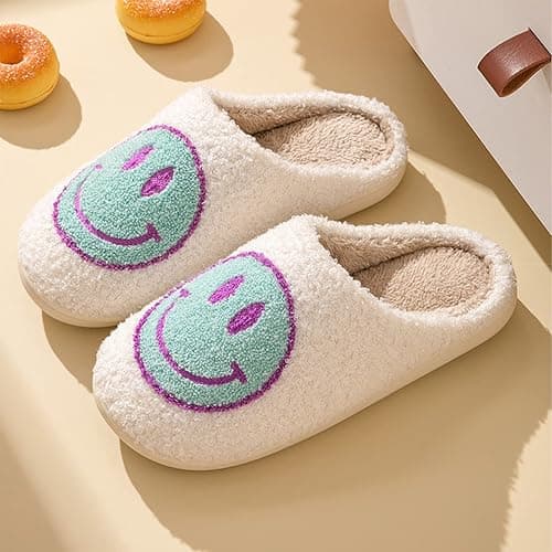 Bevaney Smile Face Slippers for Women - Soft Plush Retro Preppy Slip-on Comfortable Indoor/Outdoor Shoes thumbnail 2