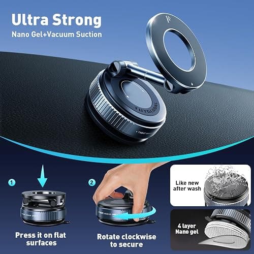 TUTGLOBAL Magnetic Car Phone Holder Mount【Upgraded Anti-Loose-Arm Version】 360° Adjustable Nano Gel Vacuum Suction Cup Phone Holders for Your Car for MagSafe Cases iPhone 17-12 [108lbs & 3000gf] thumbnail 6