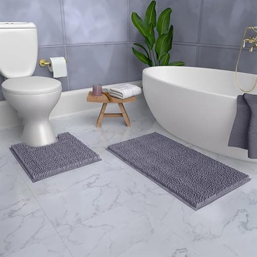 LuxUrux Bathroom Rug Set 2 Piece, Soft Absorbent Cheinlle Microfiber Bath Mat with Contour Toilet Rug, Non-Slip, Machine Wash Dry, Plush Shaggy Mats for Bathroom (20"x 30"+20"x 20" U-Shaped Gray) thumbnail 5