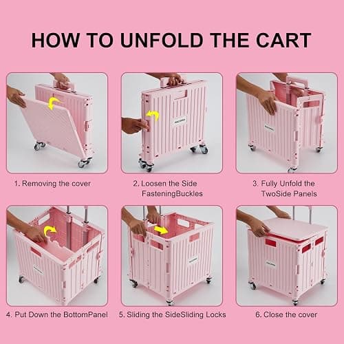 MACOPRO Folding Utility Cart Portable Rolling Crate Handcart Shopping Trolley Collapsible Tool Box, with Lid, Basket on 4 Rotate Wheels, for Grocery, Shopping, Office, Teacher (Pink) thumbnail 6
