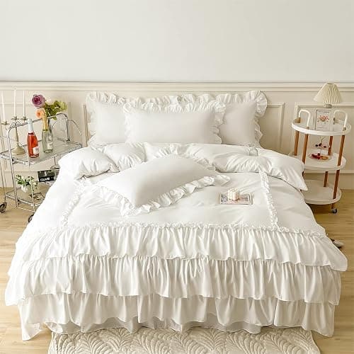 IHOUSTRIY Ruffle Duvet Cover Queen Size,100% Washed Microfiber 3pcs Bedding Duvet Cover Set, Shabby Chic Farmhouse Duvet Cover and Pillow Shams, Zipper Closure & Corner Ties, Easy Care, White - Queen thumbnail 7