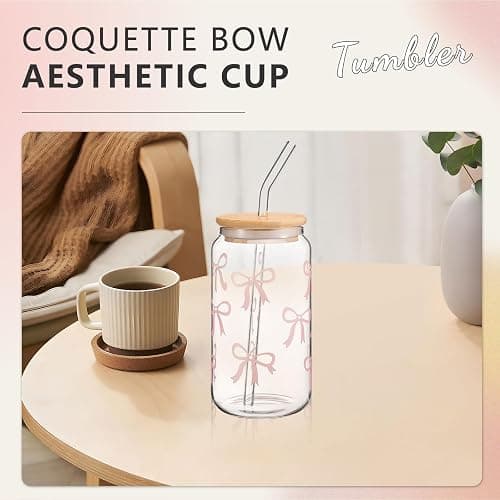 Cosmeria Eleganter 16 oz Glass Tumbler mit Deckel und Strohhalm, Coquette Bow Design, Vielseitig für Kaffee, Cocktails und Mehr thumbnail 6