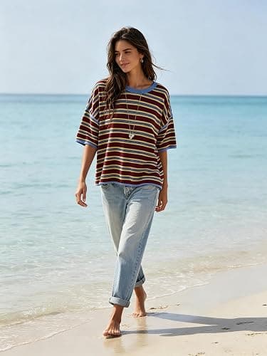 Womens Oversized Striped T-Shirt Cotton Boxy Crop Top 90s Retro Drop Shoulder Ringer Tee Casual Skater Streetwear Tops thumbnail 6