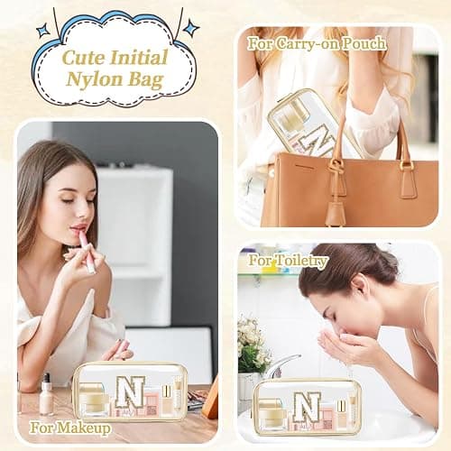 Mini Clear Personalized Initial Makeup Bag, Nylon Preppy A-Z Chenille Letter Patch Zipper Cosmetic Bag, Small Cute Pouch Travel Coin Purse Toiletry Bag, Small-Beige, N thumbnail 5