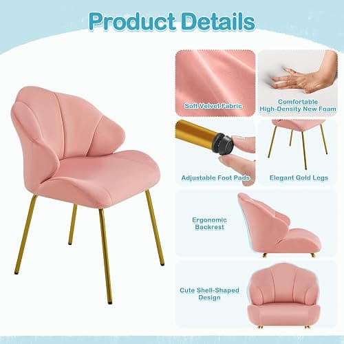Yaheetech Velvet Armchair, Accent Tub Chair with Metal Legs, Cute Vanity Chair with Shell Shaped Backrest for Living Room/Bedroom/Makeup/Office, Pink thumbnail 6