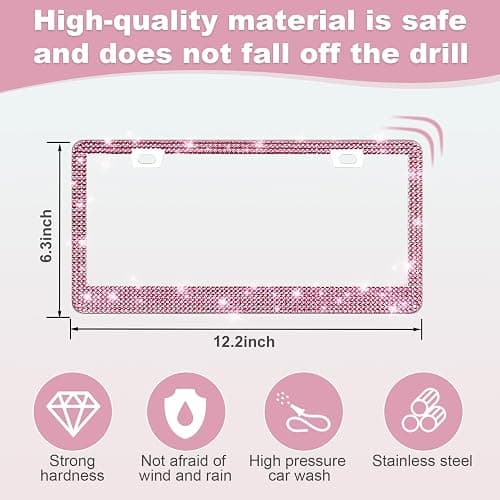 QUANQIUFEI 2 Pack Bling License Plate Frames for Women, Sparkly Rhinestone Diamond Car Accessories with Glitter Crystal Caps (Dark Pink) thumbnail 2