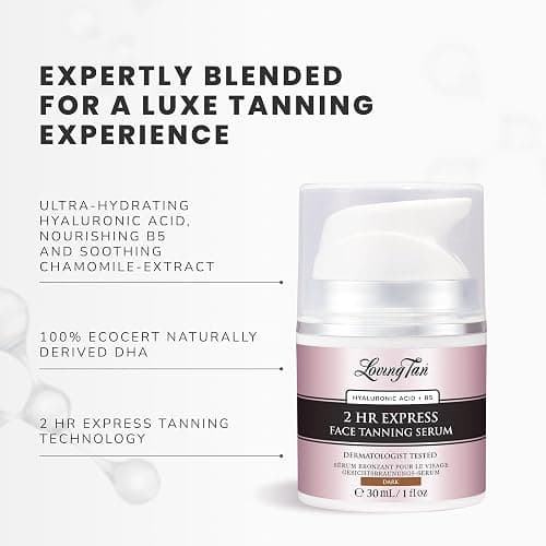 Loving Tan NEW 2 Hr Express Face Tanning Serum, Dark - Hydrating, Natural-Looking Glow Sunless Self Tanner, Dermatologist Tested, Lightweight, Naturally Derived DHA, Vegan & Cruelty-Free - 1 fl oz thumbnail 7