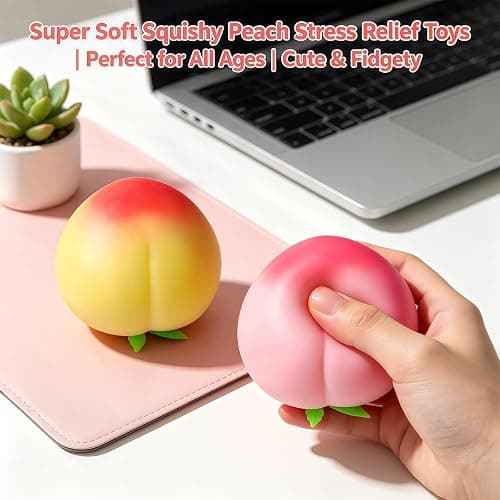 2 PCS Peach Squishys, Squeezy Squishy Peach Toys for Squeeze Luck | Squeezy peach squishy for pink & yellow, peach squeezy moderate size, squeeze peach for fruit squishy for relieve anxiety. thumbnail 4