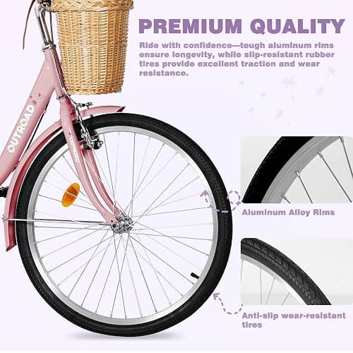 Max4out Beach Cruiser Bike for Adult, Womens Bicycle with Rattan Front Basket, 24 & 26 Inch Comfort Bikes with Adjustable Seat and Dual V-Brake (Pink & White & Green & Purple & Black) thumbnail 6