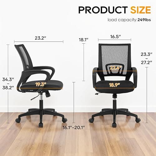 BestOffice | Ergonomic Office Chair | Mid-Back Swivel Desk Chair | Breathable Backrest & Lumbar Support | Adjustable Height | Sponge Seat | Rolling Wheels | Dark Black | for Adults & Women thumbnail 7