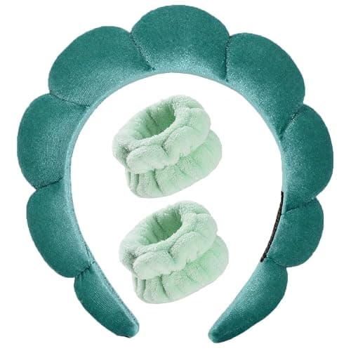 Luckybear Spa Headband for Washing Face, Velvet Makeup Headband, Bubble Skincare Head bands with Face Wash Wristbands Sponge Puff Head band for Women Skin Care - Green - Image 1