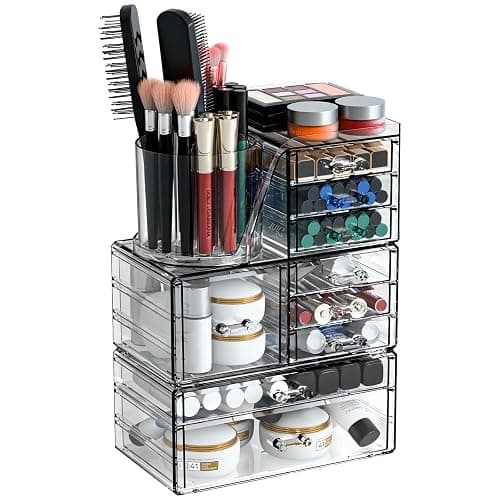 3 Pack Clear Makeup Organizer & Cosmetic Storage Cases for Vanity,Bathroom,Dresser Countertop,Cute Skincare Organizers with Brush Holder & Acrylic Makeup Storage Organizer for Beauty Products,Lipstick - 9 Drawer thumbnail 8