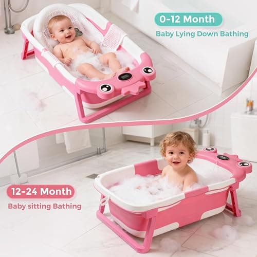 Baby Bathtub for Infant to Toddler,Collapsible Baby Bath Tub with Soft Cushion & Thermometer,Space Saving Foldable & Travel Newborn Bathtub 0-36 Months (Beige, Frog) thumbnail 2
