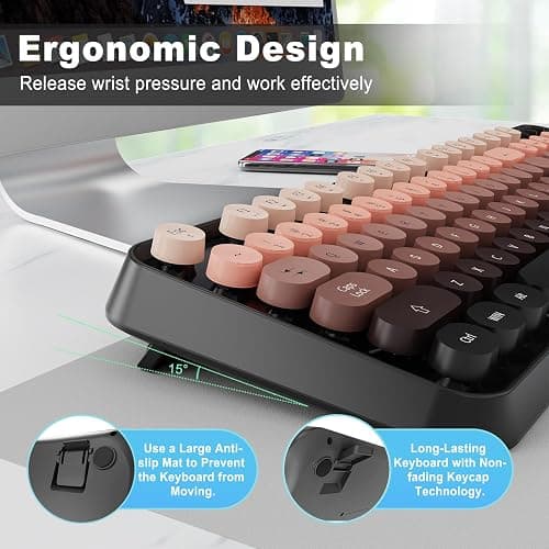 Wireless Keyboard and Mouse Combo, Retro Typewriter Style Keyboard with Round Keys, 2.4G Wireless Cute Keyboard and Mouse Set for PC, Laptop and Desktop-Black and Rose Gold thumbnail 6