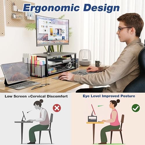 OPNICE Desk Organizer and Accessories, 2-Tier Computer Monitor Stand Riser with Drawer and 2 Pen Holders, Laptop Stand, Office Desk Accessories for Office Supplies, Black thumbnail 4