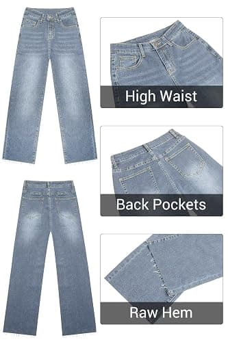KDF Straight Leg Jeans for Women High Waisted Jeans Frayed Baggy Pants Raw Hem Loose Stretchy Cropped Wide Leg Jeans - 6 - #0921_light Blue(frayed Raw Hems) thumbnail 6