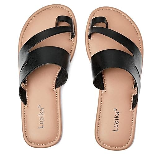 Luoika Women's Wide Width Flat Sandals, Flip Flop Slides Sandal Casual Strapy Sandal Slip on Summer Beach Shoes for Women. - Image 1