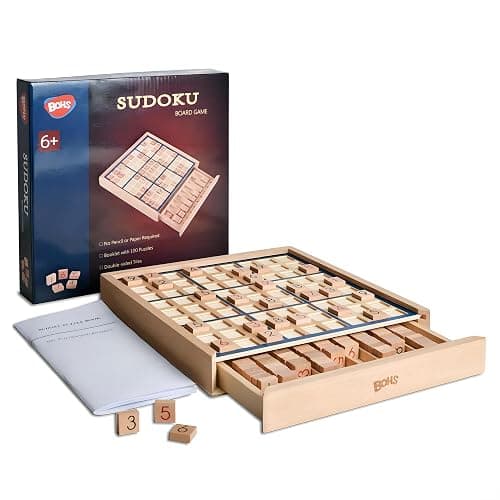 BOHS Wooden Sudoku Board Game for Adults and Kids, 100-Puzzle Book | Built-in storage drawer; double-sided trial tiles; pencil-free play; spare pieces; smooth, splinter-free finish - Image 1