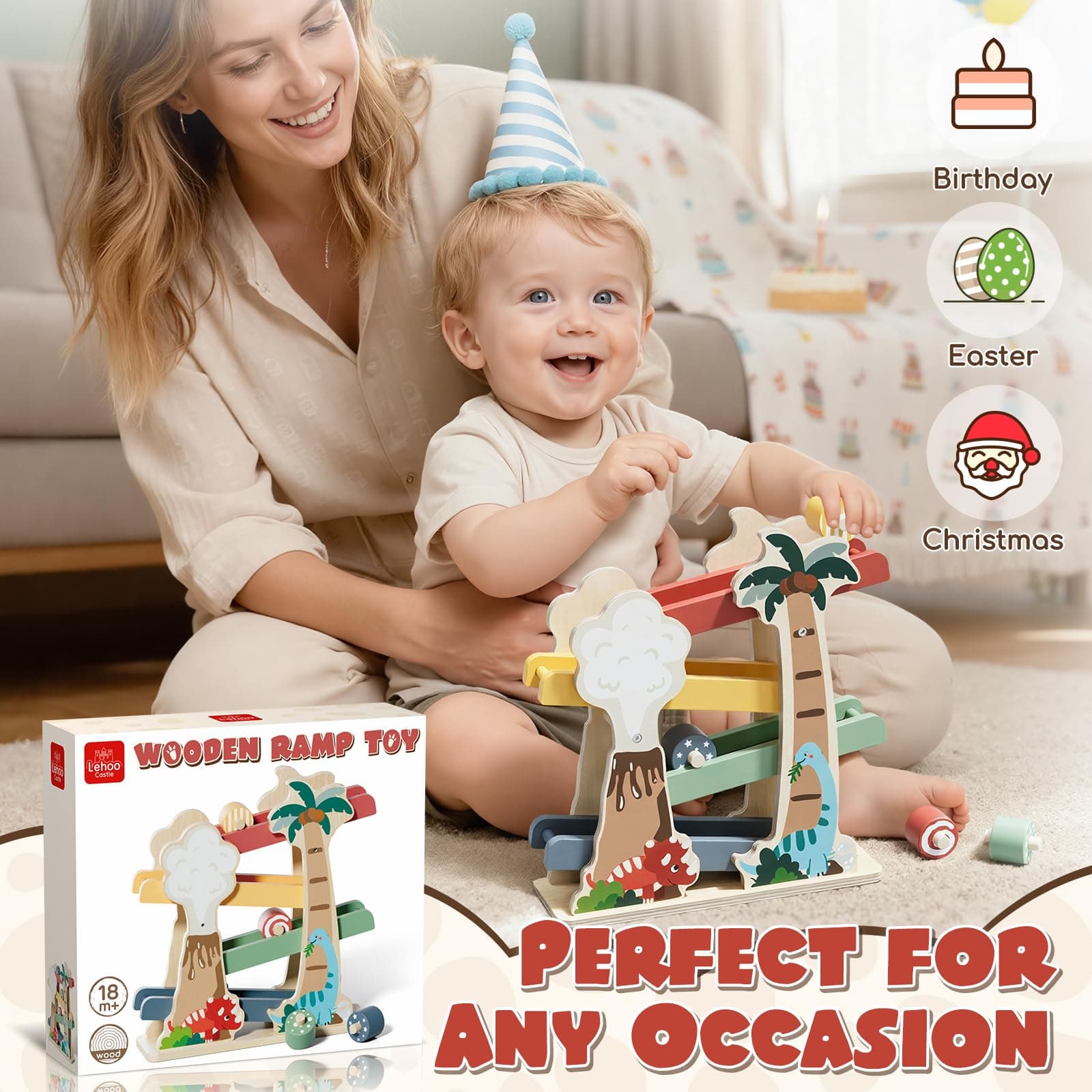 Lehoo Castle Toddler Toys Ramp Track, Toys for 1 Year Old Boys, Wooden Toy Car Ramp for Toddlers with 4 Roller, Gifts for 1 2 3 Year Old Boys thumbnail 7