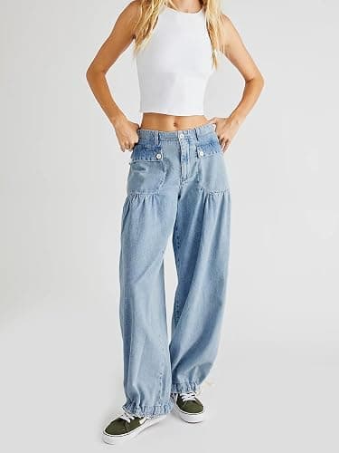 yoeasy Women's Lotus Balloon Jeans Baggy Wide Leg Loose Denim Pants | Drawstring Ankle Denim Pants, Front Pockets, Drawstring Hems, Boyfriend Jeans, Elastic Waisted, Casual Trendy Streetwear thumbnail 2