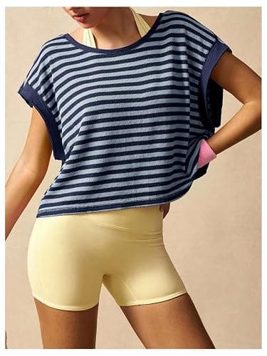 Floerns Women's Open Back Workout Top Striped Short Sleeve Gym Athletic Running Tees thumbnail 2