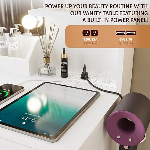 Yegosh Vanity Desk with Mirror and Lights Dimmable LED Makeup Table with Drawers Side Cabinet 3 Storage Shelves Power Outlet Dressing Table Set Include Holder Cushioned Stool for Bedroom(White) - 35.4 Inch+white thumbnail 6