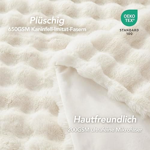 L'AGRATY Kunstkaninchenfell-Decke: 200x220cm Luxuriöse, weiche, Flauschige, Dicke Fellwurfdecke für Couch, Bett, Sofa - Gemütliche, plüschige Blasendecken mit Warmer Flanell-Fleece (Cremeweiß) thumbnail 5