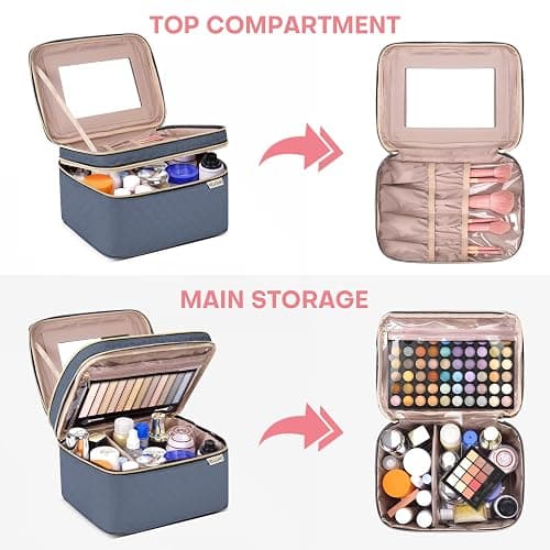 HXLGMD Large Makeup Bag with Mirror Double Layer Travel Make Up Organizer Case, Large Capacity Coemetic with Brush Slot Divider, Travel Toiletry Bag for Women (Aegean Blue) thumbnail 2