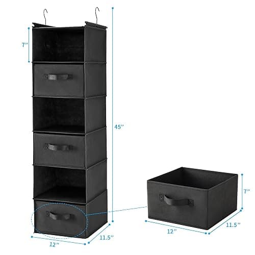 MAX Houser 6 Tier Foldable Hanging Closet Organizer with Hooks, Black-D3 | foldable lightweight fabric closet storage with 3 Drawers, space-saving design for Bedroom, Closet Hanging Shelf for Storage thumbnail 3