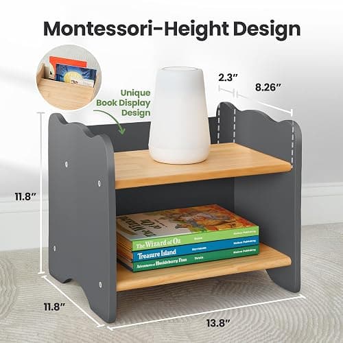 Ocodile Kids Nightstand for Floor Beds, Solid Wood Small Bedside Table with Book Pocket, Low Tiny Nightstand for Nursery, Toddler & Kids Room, Montessori Style Side Table - Gray thumbnail 2