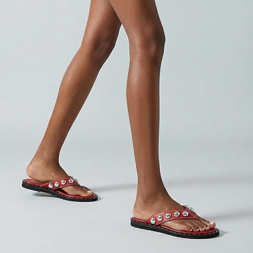 Riekhany Studded Thong Sandals for Women Round Toe Slip On Flip Flop Slides | Comfortable Clip Toe Contrast Tacked Thong Slipper Shoes For Daliy Working Casual thumbnail 2