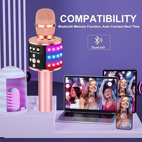 BONAOK Karaoke Microphone for Kids & Adults - Bluetooth Singing Mic with Disco Lights, Echo Effect, Built-in Speaker Portable for Party Travel Gifts,Multipurpose Condenser Microphone Q78(Rose Gold) thumbnail 4