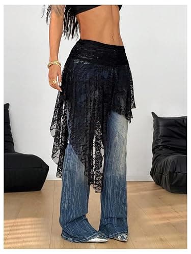 SHENHE Women's Lace Skirt Low Rise Asymmetrical Boho Hip Covering Skirt | Y2k, Fairy, Flowy, Western, See-Through, Vacation, Casual, High Waist thumbnail 4