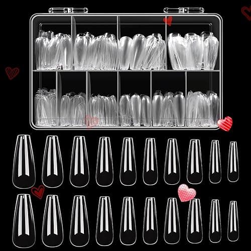 Beetles Acrylic Nails Kit 500Pcs Long Coffin Pre-Shaped Clear Full Cover Soft False Nails, Nail Tips Soak Off Easy Nail Extension Set for DIY Nails Art Home Gift for Women