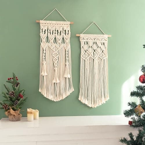 Mkono 2 Pcs Macrame Woven Wall Hanging Boho Chic Geometric Art Decor - Beautiful Bedroom Nursery Apartment Home Decoration, Gift for Girls Adults Birthday Christmas, 28" L x 13" W thumbnail 5